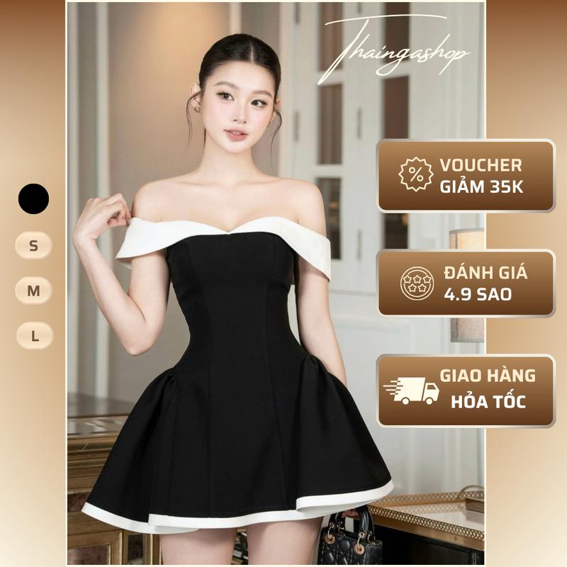 [MỞ BÁN-TẶNG Quần Bảo Hộ] Đầm dự tiệc xòe trễ vai dáng ngắn nhún eo phối viền trắng size S M L thanh lịch sang trọng D1423