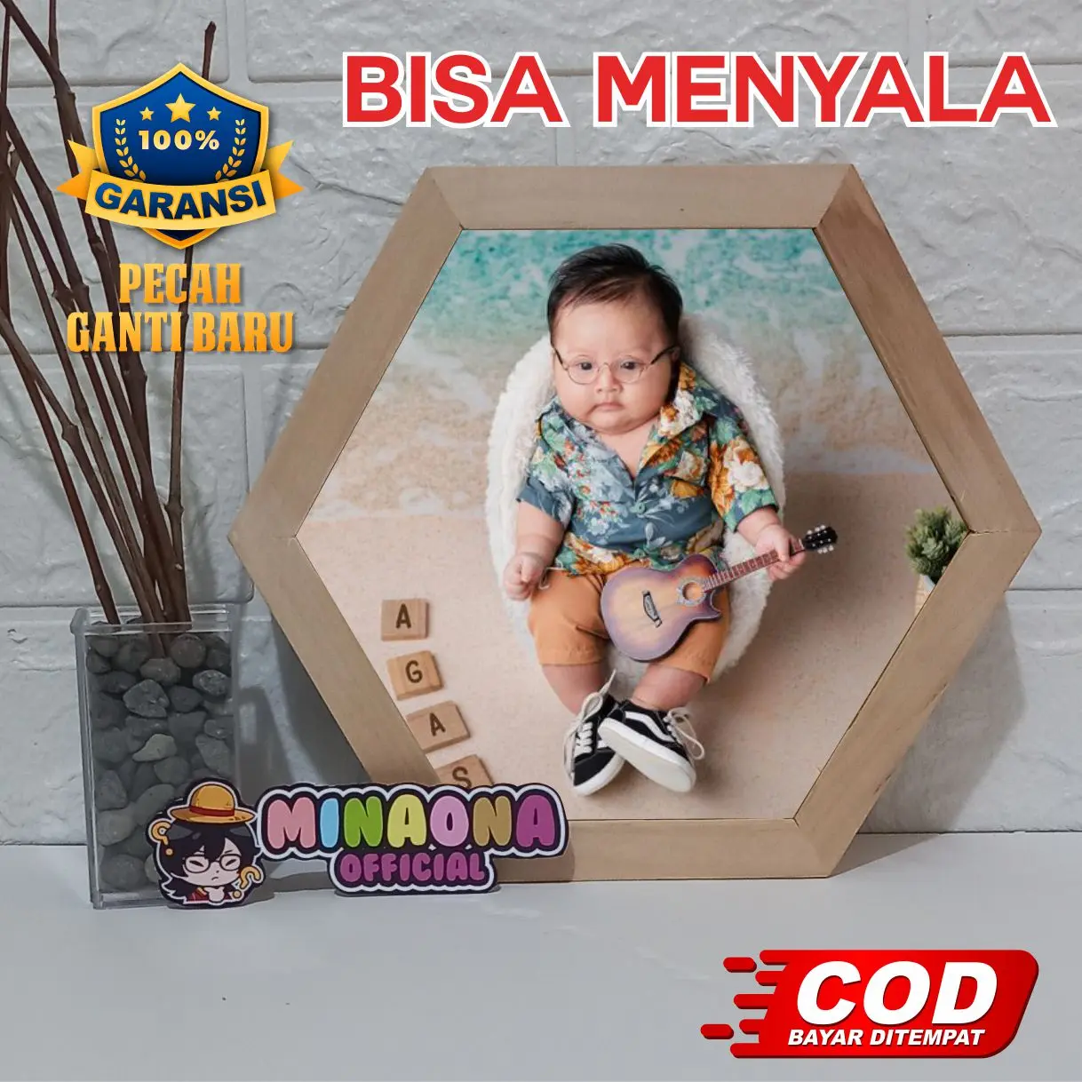 (CUSTOM FOTO) - Bingkai Lampu Box 3D HEXA Dengan Lapisan Glossy Halus dan Kaca Akrilik, Bisa untuk kado, hadiah wedding, anak kesayangan atau pajangan Dinding Frame Kayu menyala dengan kertas khusus, merah menyala