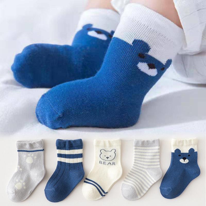 Tất Em Bé Hình Gấu Hoạt Hình, 5 Đôi / Bộ, Chất Liệu Cotton Mềm Mại, Thoáng Khí, Thích Hợp Cho Bé Trai Và Bé Gái Trẻ Mới Biết Đi, Tất Ngắn, Tất Sọc Thời Trang Trẻ Em