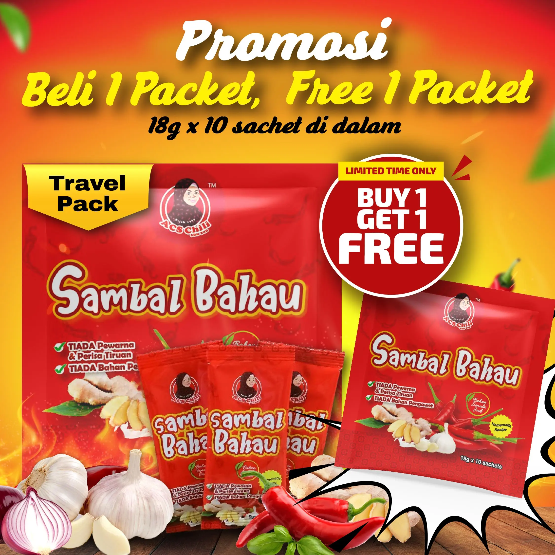 [BELI 1 PAKET, PERCUMA 1 PAKET] TRAVEL PACK Sambal Bahau Original Pedas Meletop 18g X 10 SACHET- Sambal serbaguna -Ready to eat -Citarasa tradisional