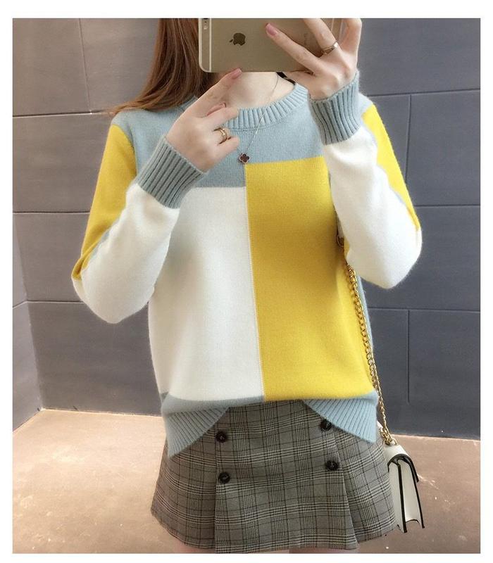 Product Introduction of ZANA Autumn and Winter Women's New Pullover Sweater Loose Korean Color Block Long Sleeve Knitted Bottom Top 11