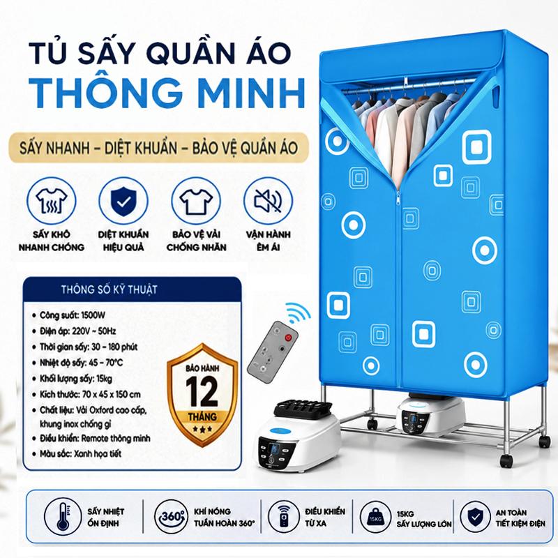 Tủ sấy quần áo thông minh, tủ sấy quần áo gấp gọn, máy sấy quần áo khung inox công suất 1500w, có điều khiển từ xa, sấy khô nhanh tiết kiệm điện