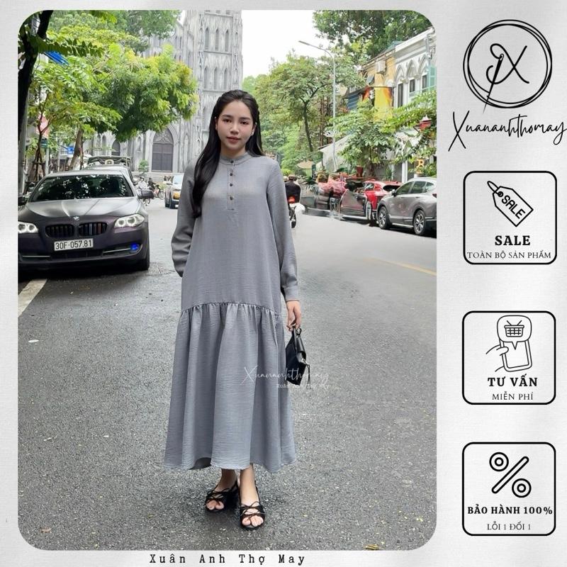 Váy dài tay cổ tàu đuôi cá vải đũi mây - Xuananhthomay