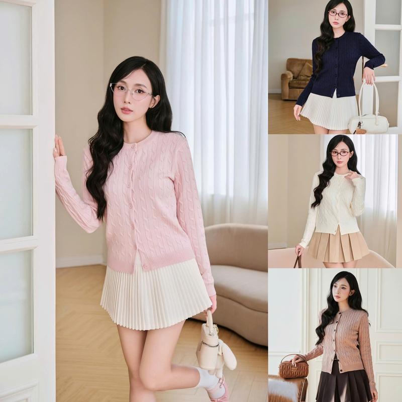 DELIZ - Áo len cardigan dài tay cổ tròn vặn thừng nhiều màu basic CD101