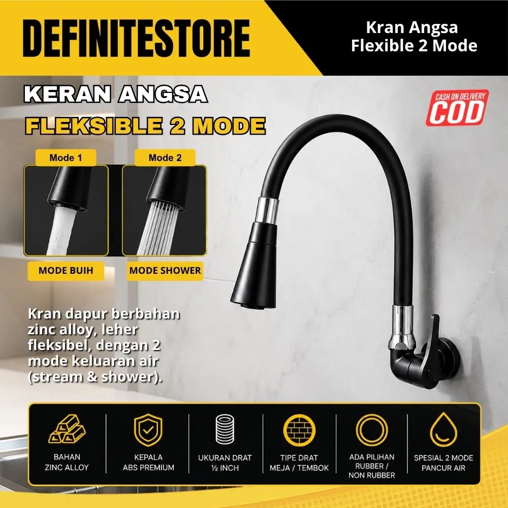 DEFINITESTORE Kran Cuci Piring Dapur Sink Flexible Terompet Stainless 1/2 inch Fleksibel 2 Mode Keran Air Biru Hitam Merah