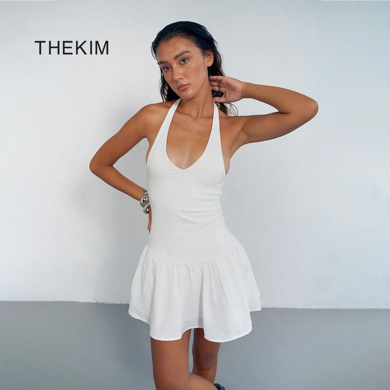 THEKIM Váy cổ yếm buộc dây dáng xòe bồng có mút ngực và quần bảo hộ đầm halter lưng khoét sâu D350