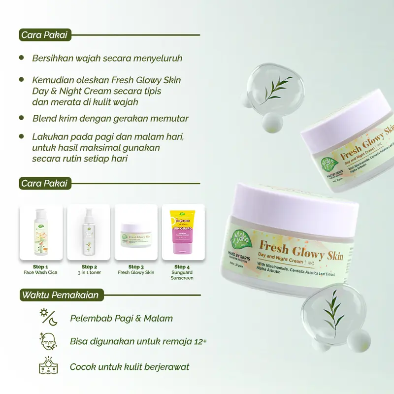 Mako by Seris - Combo 2 Produk Moisturizer Fresh Glowy Day Night Cream Glow Up Booster Acid Facial Pelembab Perawatan Pencerah Kulit Mencerahkan Jerawat Flek Hitam Muka Wanita 6