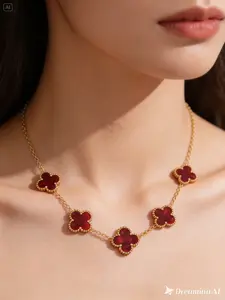 Kalung Clover Ruby Elegance Motif Semanggi Premium Luxury Jewelry Batu Merah Ruby Rantai Halus Cocok untuk Hadiah dan Daily Wear - Gold Perhiasan Elegan dan Mewah - Necklace