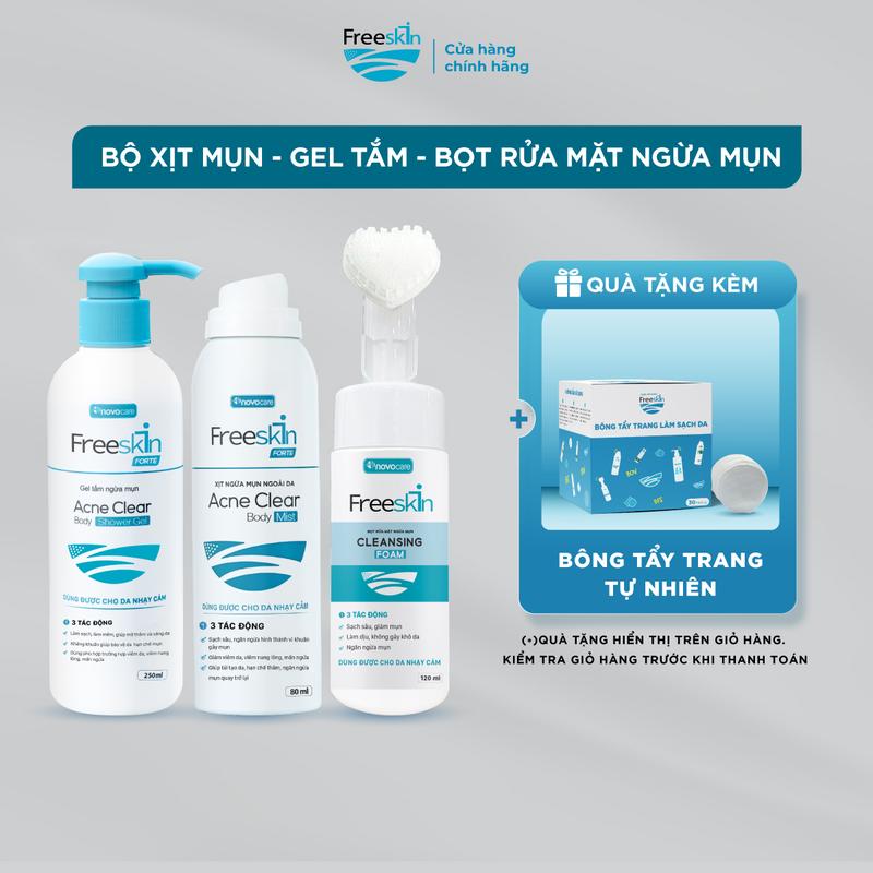 Combo DA MỤN - Xịt mụn Freeskin 80ml & Gel tắm ngừa mụn Freeskin 250ml & Bọt rửa mặt ngừa mụn Freeskin 120ml
