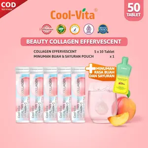 [5T+1]  50 Tablet (5 Tube) Coolvita Collagen Effervescent (1 Tube @10 Tablet) + 1 Pouch Minuman Rasa Buah dan Sayuran | Mengandung 500mg Fish Collagen dan 100mg Vit C per Tube | Membantu Menjaga Kesehatan Kulit