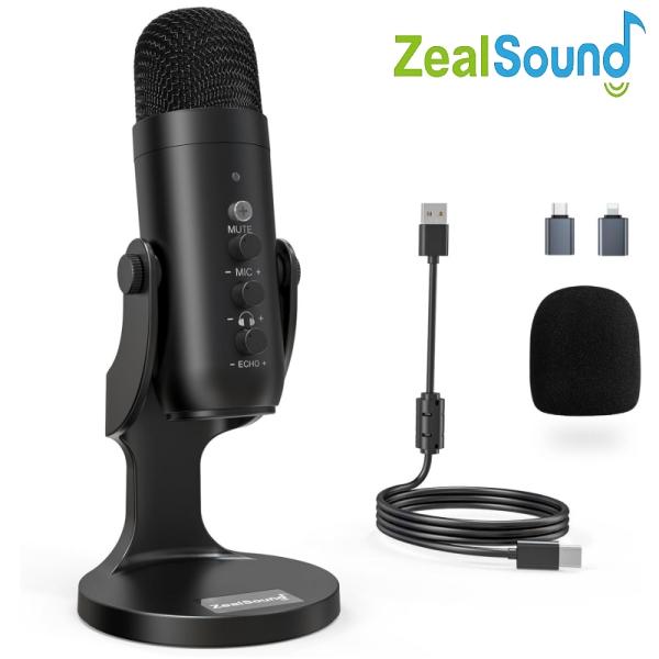 Micro USB, ZealSound, Micrô chơi game có tụ cho điện thoại, máy tính xách tay, PC, PS4 / 5 / máy tính, với núm tăng, tắt tiếng LED, điều chỉnh âm lượng màn hình, đế đứng để phát sóng trực tiếp, podcast, ghi âm Studio