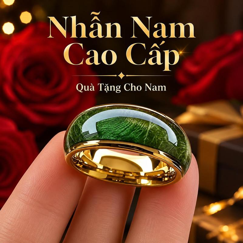 COD Nhẫn Nam Thép Không Gỉ Màu Vàng Khảm Vân Xanh Bản Rộng Phong Cách Sang…