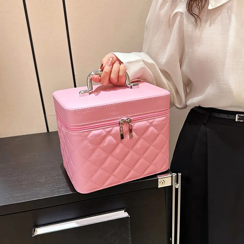 Beg Kosmetik, Garisan Sulaman Kekisi Berlian, Pegang Tangan Mudah Alih, Sarung Kosmetik Pegang Tangan Rasa Premium, Warna Pepejal, Penyusun Kosmetik, Penyusun Produk Harian Bags