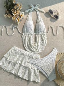 Conjunto de bikini halter para mujer de verano con frunces y textura, top triángulo sin mangas, diseño liso ajustado, ropa de playa sexy para vacaciones
