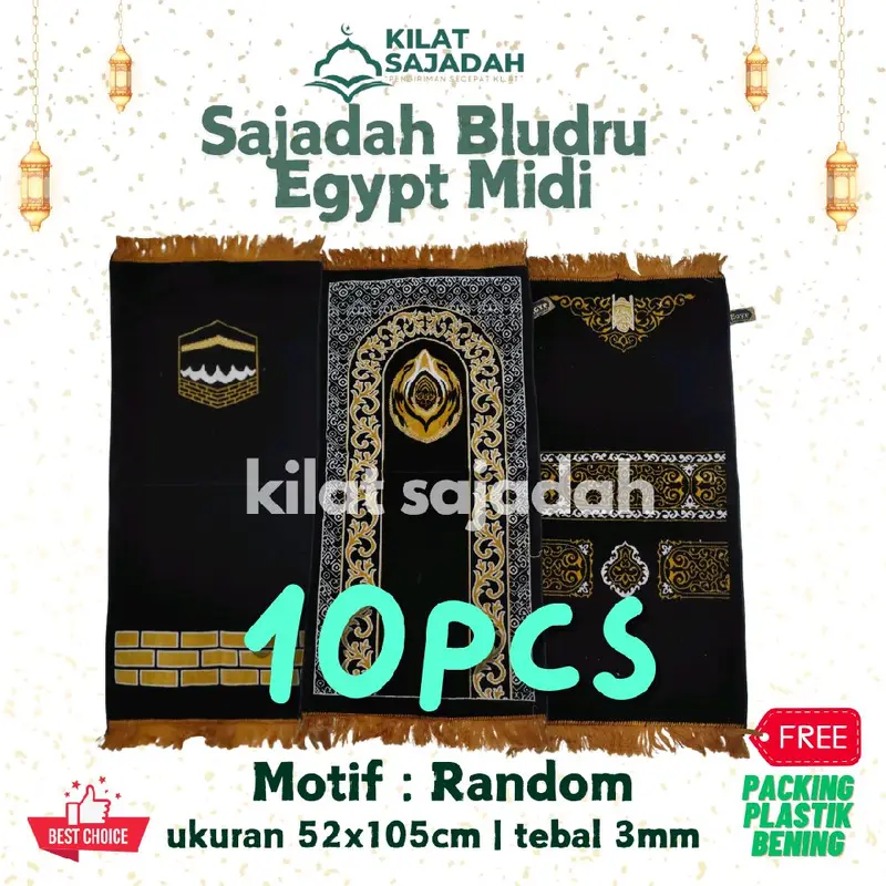 10pcs Sajadah Bludru Egypt Midi Motif Kiswah Hitam Midi ukuran 52 x 105 cm Lembut Nyaman 0