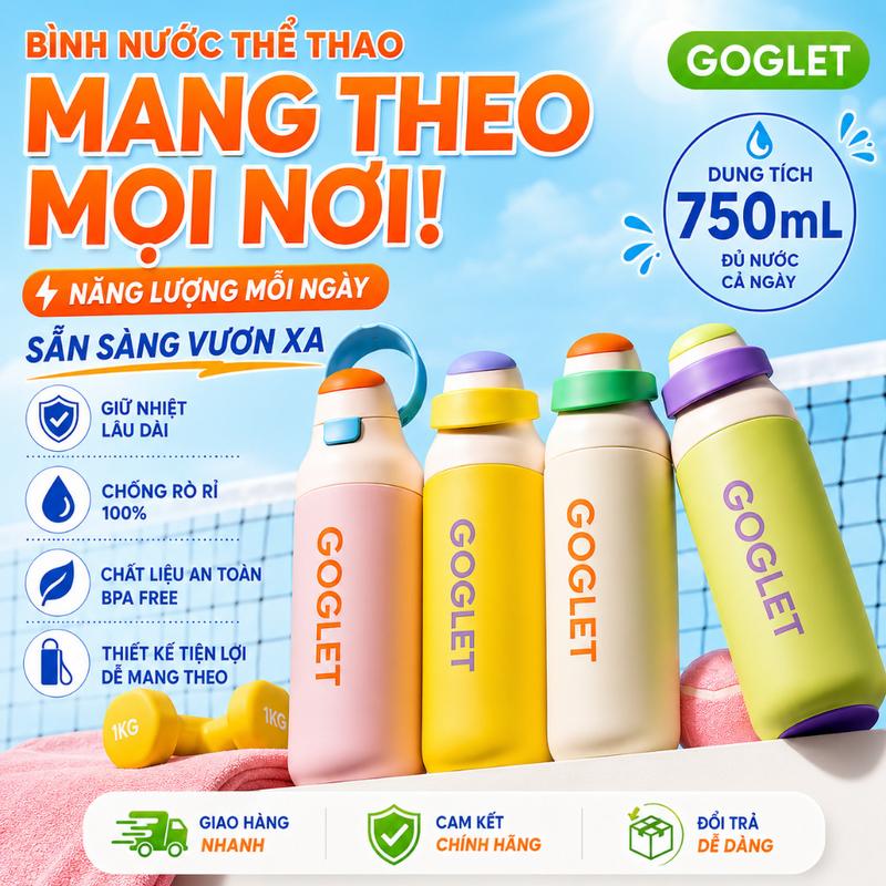 Bình Giữ Nhiệt GOGLET 750ml Có Ống Hút Inox 316 - Mở Nắp 1 Chạm, Uống Trực Tiếp, Giữ Nóng Lạnh