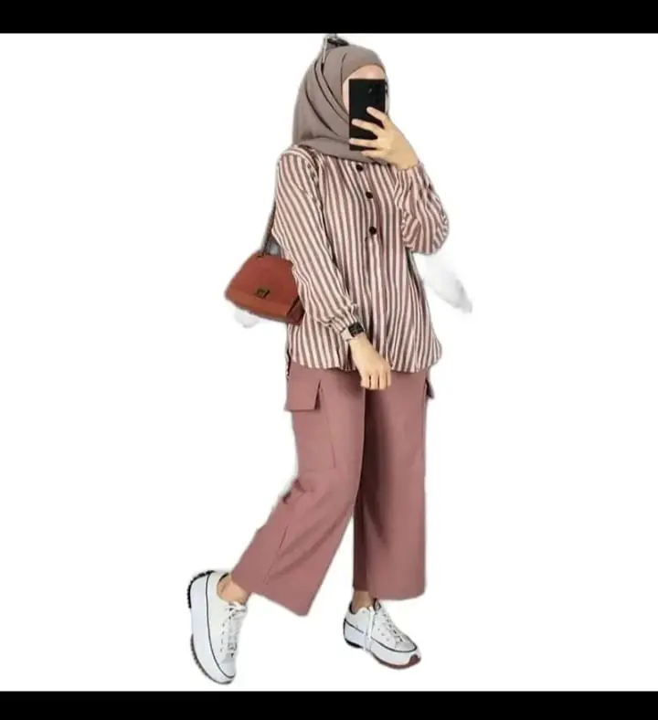 Set Baju dan Celana Kargo  Terbaru Ramosa untuk Wanita Muslim Wanita Setelan Airflow Atasan Panjang Dewasa Motif 7