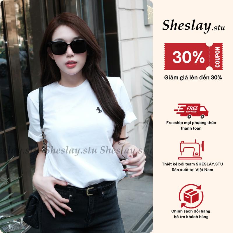 TIMI SHIRT - Áo Phông Nữ Form Rộng Thêu Unicorn SHESLAY - Form rộng vừa phải chất vải Cotton mềm mịn 280GSM - Freesize dưới 65kg
