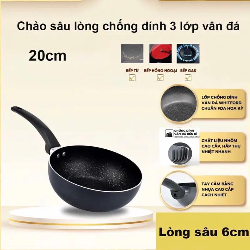 Chảo chống dính vân đá 3 lớp , size 20cm, dùng cho mọi loại bếp, tay cầm chắc…