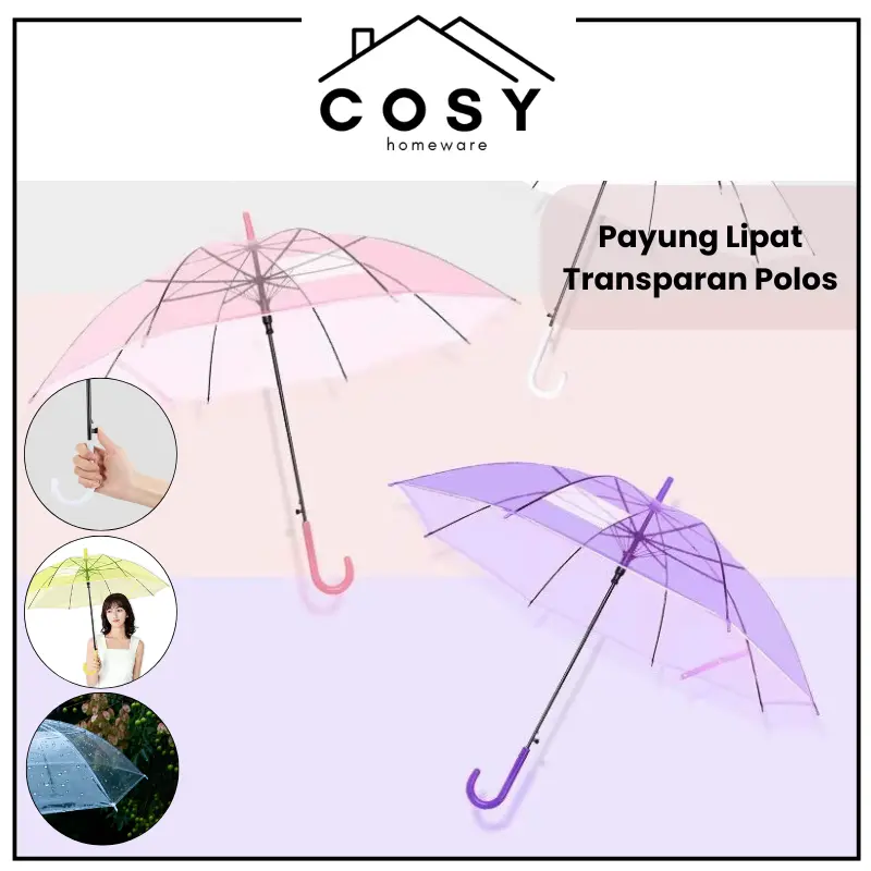 COSY Payung Transparan Polos Bening Payung Korea Transparan Payung Besar Transparan Warna-Warni Payung Bening Transparan Dengan Model Gagang Panjang Payung Transparan Korea Aesthetic