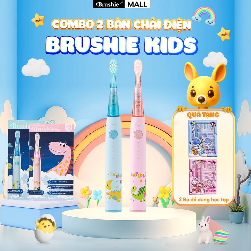 [QUÀ TẶNG CHO BÉ] Combo 2 Bàn chải điện trẻ em Brushie Kids đầu lông bàn chải mềm mại an toàn cho bé - TẶNG 2 bộ dụng cụ học tập