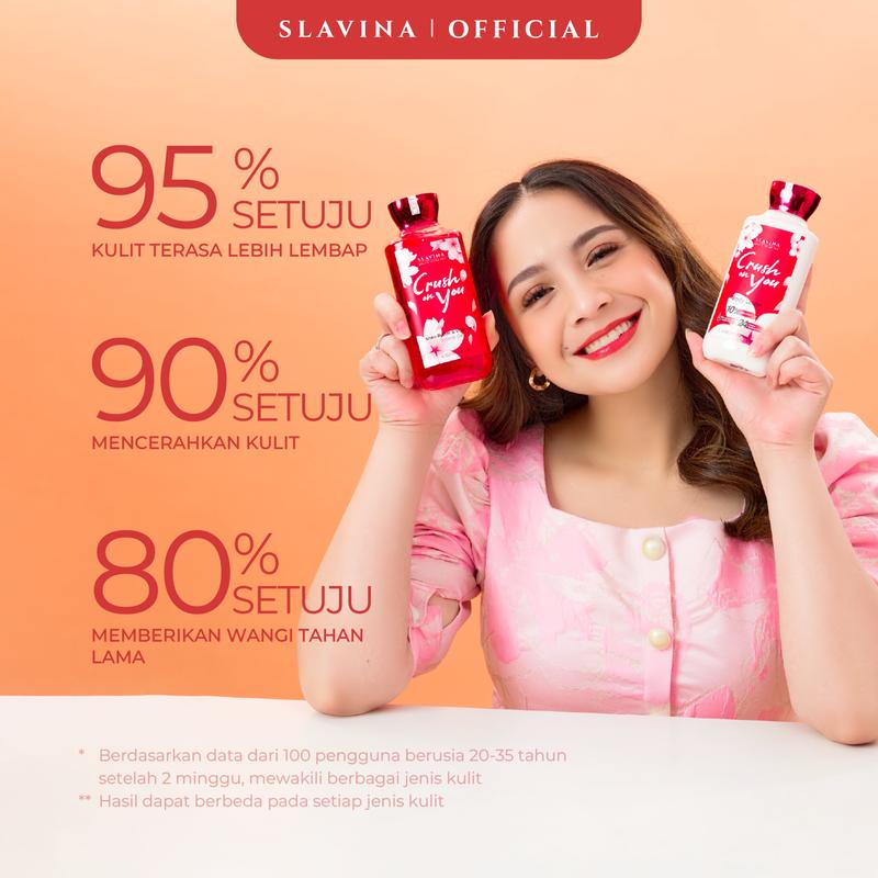 SLAVINA Crush On You Body Care Body Lotion dan Shower Gel by Nagita Slavina Moisturizer dan Sabun Mandi Cair 350ml Perawatan Tubuh dan Tangan Memutihkan Kulit Kering Dengan Glutathione + Vitamin 2