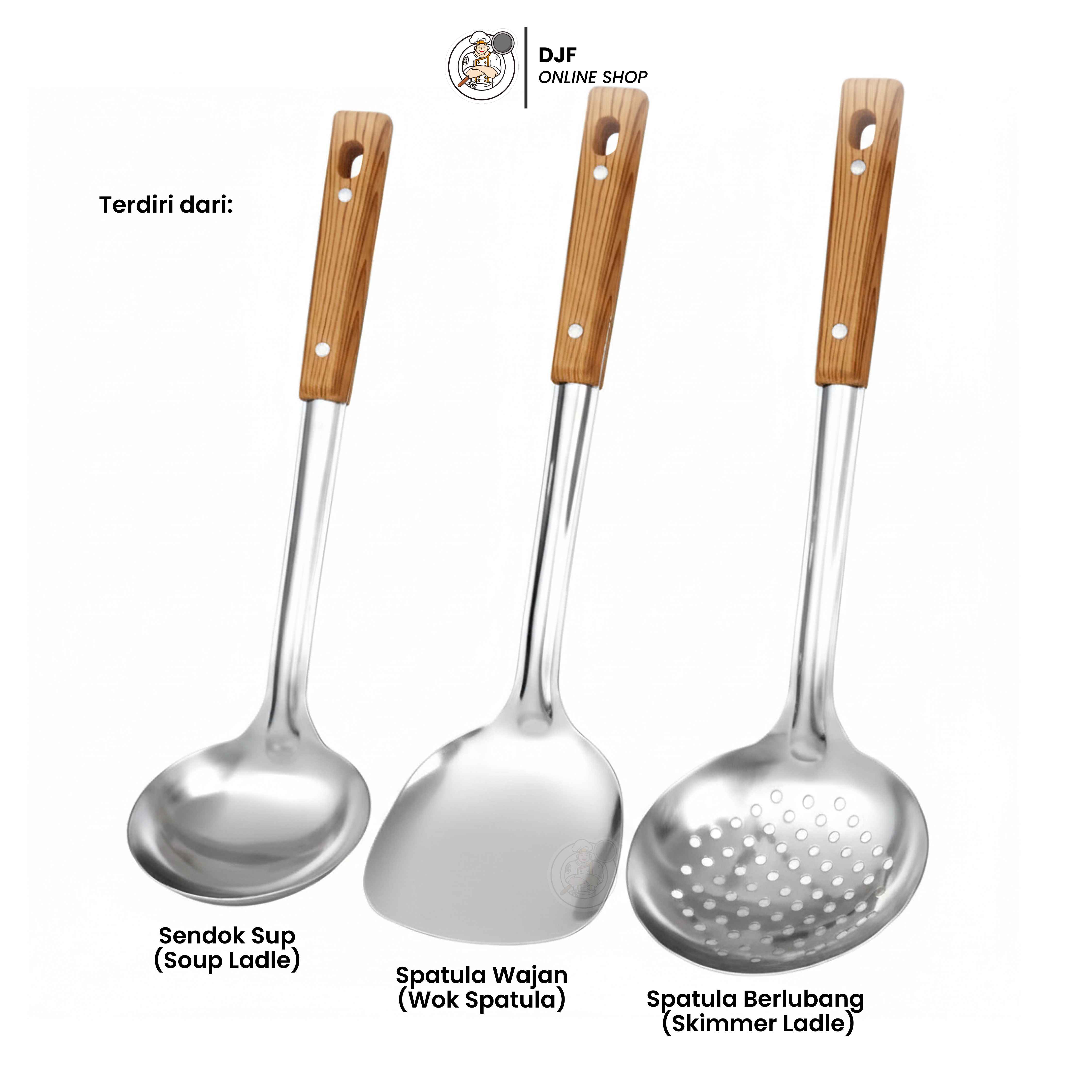 (1set isi 3pcs) Alat Masak Stainless Steel Gagang Panjang Kayu Irus Sodet Skimmer Kuat Tebal Tahan Lama Anti Panas (1set isi 3pcs) Alat Masak Stainless Steel Gagang Panjang Kayu Irus Sodet Skimmer Kuat Tebal Tahan Lama Anti Panas