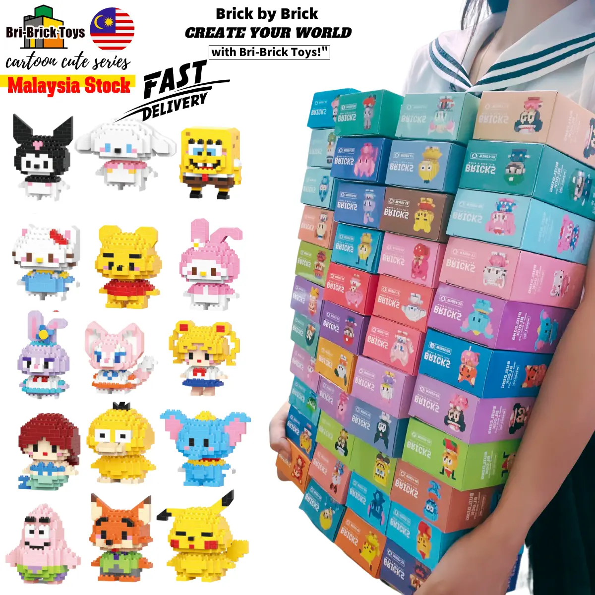 Local Stock 3D Minifigures Bricks Cartoon Doll Nano Block Cute Building Blocks Cinnamoroll Kuromi Puzzle Kids Toys Gifts Mainan Budak Viral