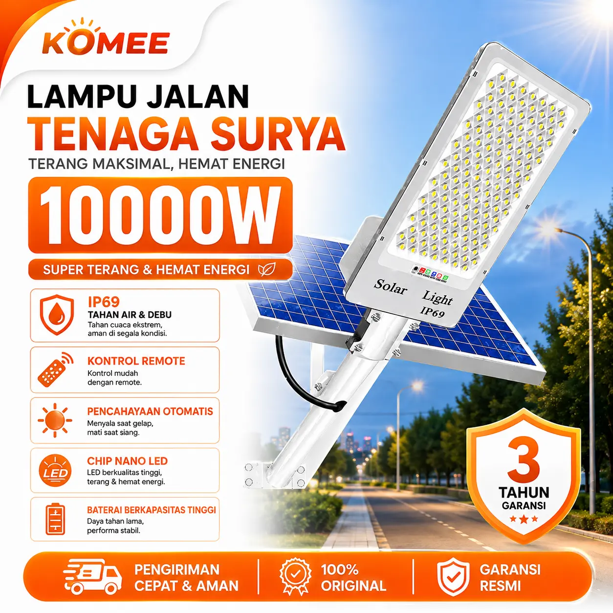 [Garansi 3 tahun] Lampu jalan tenaga surya Lampu Solar Cell outdoor otomatis nyala Lampu jalan LED  luar ruangan anti Tahan air IP67 papan solar panel Dapat Mengisi Daya Bahkan saat Cuaca Mendung smart sensor gratis listrik sepanjang tahu