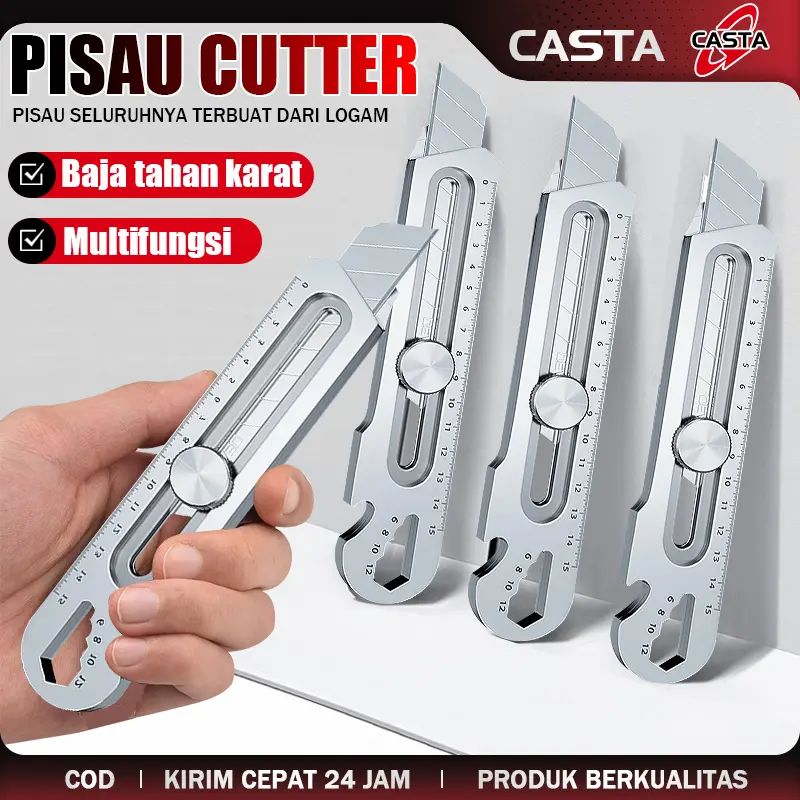 CASTA Pisau Cutter Multifungsi 6 In 1 Stainless Steel dengan Obeng, Penggaris Presisi, Pembuka Kaleng & Tutup Botol, Alat Serbaguna untuk Rumah, Kantor, Bengkel dan Outdoor