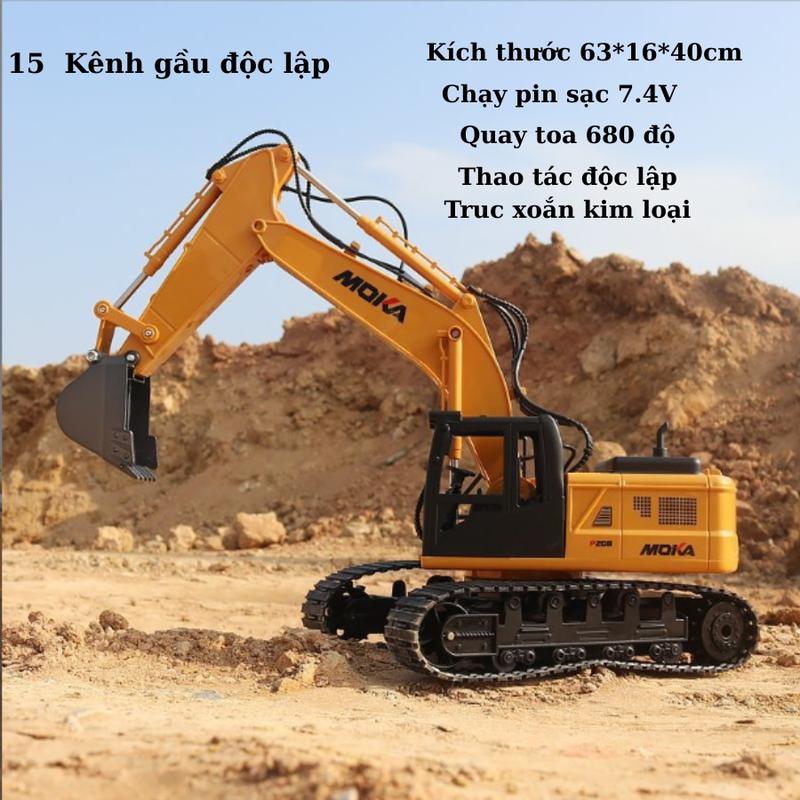 Xe máy xúc điều khiển từ xa 15 16 kênh có phun khói – gầu liền xoay toa 680 độ, pin sạc, mô hình xe công trình cho bé trai