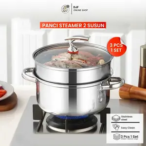 Panci Steamer Stainless 2 Tingkat Multifungsi Ukuran 24cm / Panci Stainless Kukusan Siomay Dimsum Serbaguna 2 Susun Tutup Kaca