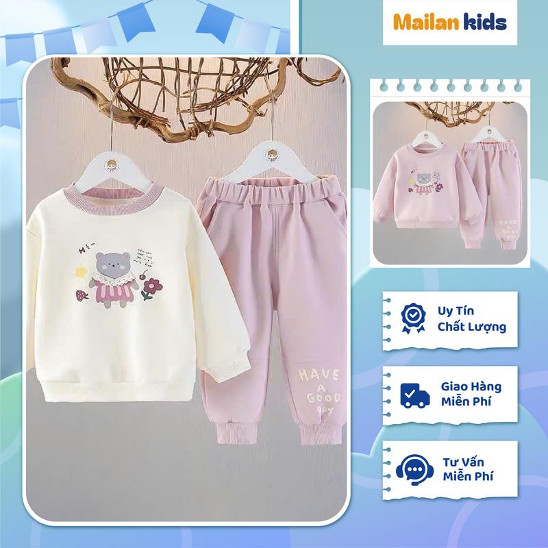 Bộ Quần Áo Thu Đông Trẻ Em 16-48kg Cho Bé Gái Chất Nỉ 2 Da Phong Cách Khỏe Mạnh In 3D Thun Dài Tay Áo Quần Bo Chun Việt Nam
