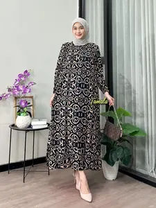 Daster Dress Rayon Jumbo Rempel Busui Lengan Panjang Kekinian Motif Cantik Nyaman Santai Wanita Bumil Kain Katun Printing Lembut