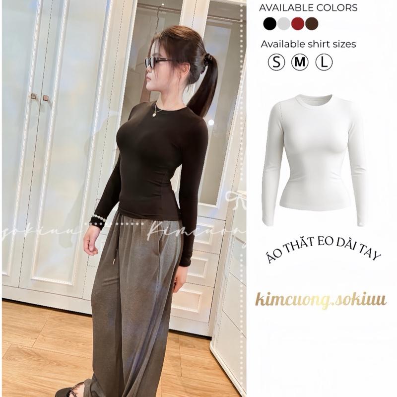   DEAL LIVE  Áo Thắt Eo Dài Tay Ôm Kimcuongsokiuu Cotton Trơn Nữa S M L - Women Top Cổ Tròn 