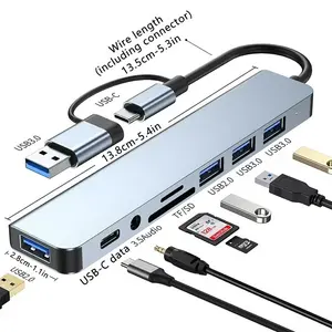 Usb HUB type-c combo 8in1 usb 4 port hub + sd + tf card reader + type c + audio 3.5 tipe c hub with card reader 8 in 1