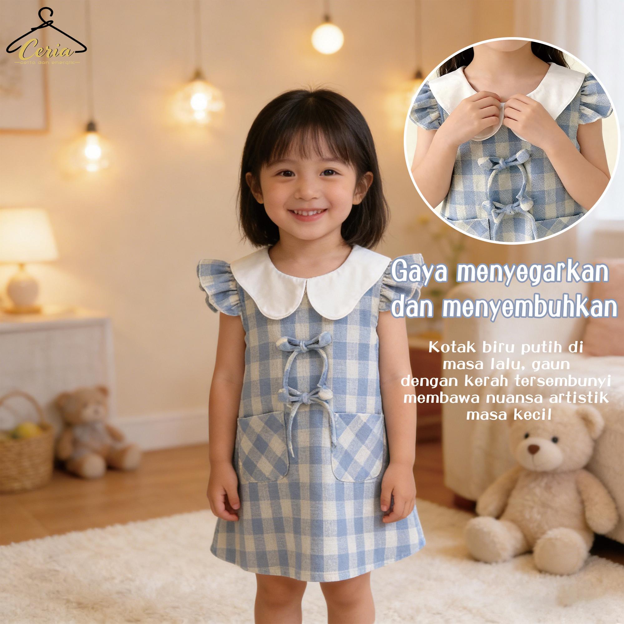 Ceria-Gaun Musim Panas Anak Perempuan / Gaun Rompi Kotak-Kotak Biru Putih Anak Perempuan / Model Kerah Besar dengan Pita