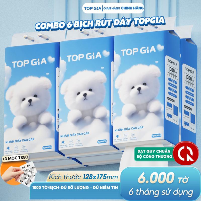 (DEAL SỐC) Thùng 6 Bịch Khăn Giấy Rút Đáy Gia Gia TOP GIA 4 Lớp Mềm Mịn, Thành Phần Bột Gỗ Tự Nhiên Thân Thiện An Toàn, Khăn Giấy Vệ Sinh 1000 tờ, 4 lớp Tặng 3 móc treo tiện lợi Giấy Vệ Sinh giấy rút ĐẠT QUY CHUẨN CỦA BỘ CÔNG THƯƠNG (TG68)