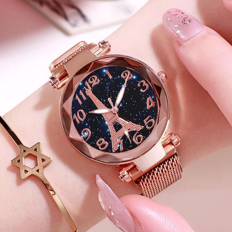 Product Introduction of 1 Pc Alloy Fashion Paris Tower Watch Women Starry Sky Watch Magnet Belt Quartz Watches 40