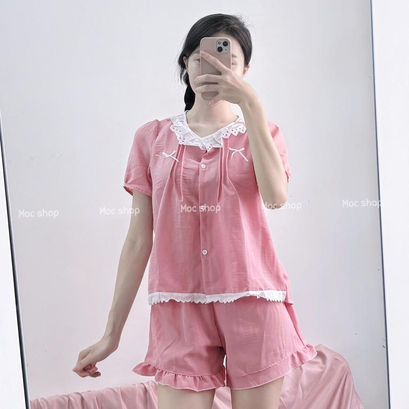 MOC SHOP Bộ Pijama Cộc Đùi Nữ Màu Trơn Freesize 40-56kg Chất Liệu Đũi Xốp Không Nhăn Viền Ren Sang Trọng Dành Cho Ngày Nghỉ Tại Nhà