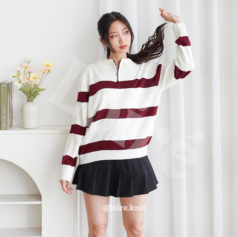 LOIRE YUNA Sweater Stripe Zipper Top Knit Atasan Baju Oversize Knitwear 0