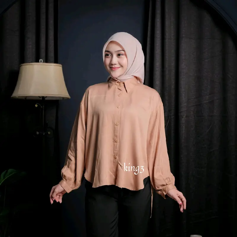 Kemeja wanita rayon premium oversize lengan kerut -  baju Atasan cewek berhijab simple elegan - kemeja lengan Panjang 1