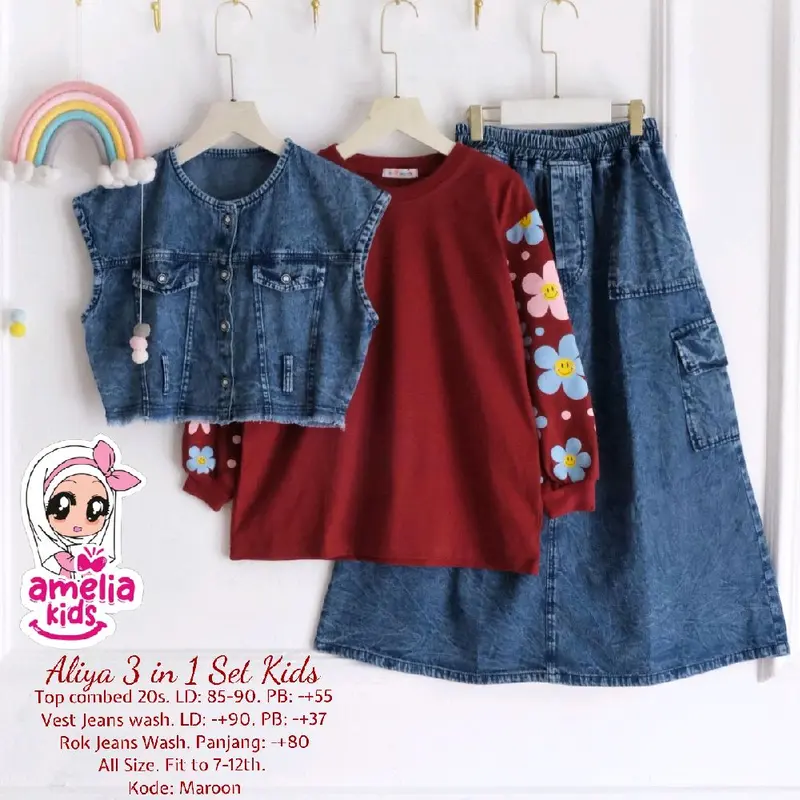 Aliya 3 in 1 Kids Baju Anak Amelia Kids Baju Anak Usia 7-12 Tahun Setelan Rok Jeans Anak Model Terbaru BAJU ANAK VIRAL BAJU ANAK KEKINIAN AMELIA KIDS 1