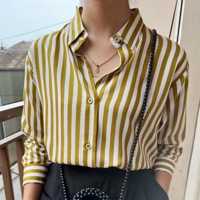 OGM - Outfit Kemeja Wanita Motif Salur Stripe Poly Rayon Nyaman Kekinian 5
