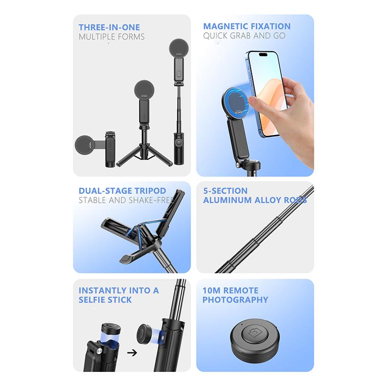 3-in-1 Magnetic Phone Grip，Magsafe phoneholder，Wonew Palm-Size Selfie Stick/Tripod，travel selfie portable，with Bluetooth remote， 5