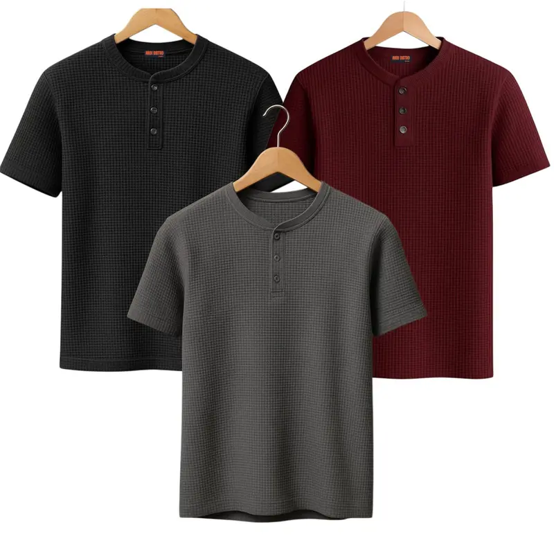 Paket 3 Pcs Kaos Pria Polos Waffle Kancing Shanghai Santai Crew Neck - Baju, Pendek 6