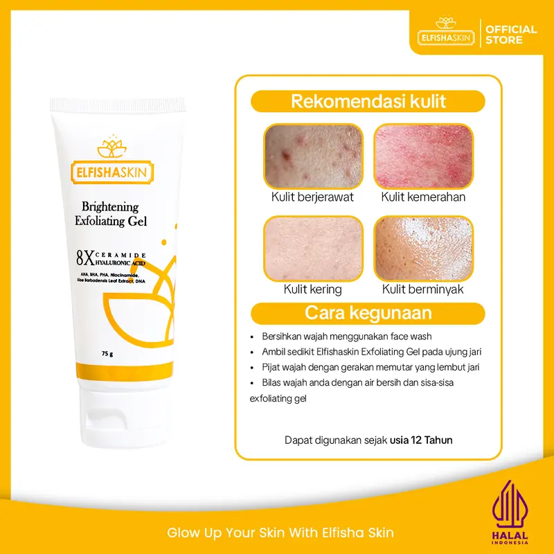 Elfisha Skin - Brightening Exfoliating Gel 8X CERAMIDE 75gr Perontok Komedo di Wajah Exfoliasi  dengan kandungan AHA BHA Pha, CERAMIDE Dan Niacinamide 2