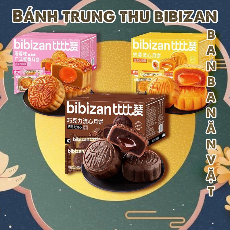 Bánh Trung Thu Bibizan nhân chảy, Vị Socola chảy, Trứng chảy, Trứng Muôi Hạt Sen (hộp 540gr - 12 chiếc)