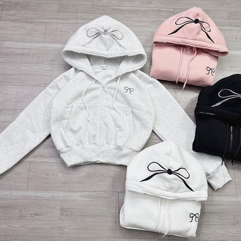 [HT012] Áo khoác nữ THÊU NƠ chất NỈ bông PE dày dặn phom nón to rộng, bo chun co dãn thiết kế trẻ trung cá tính - Áo Khoác Hottrend