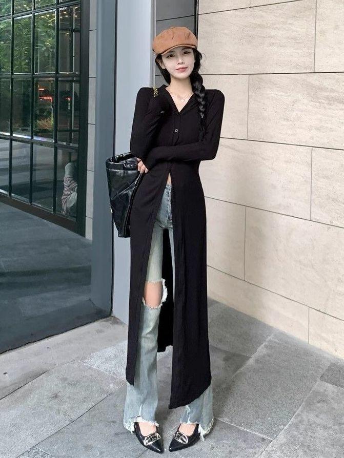 Product Introduction of Women's Japanese cardigan, cold wind, Internet celebrity royal sister Fan, long ice silk cardigan, fashionable and versatile, lazy, sweet and cool, fried street, thin top tide Black Slim-fitting 20